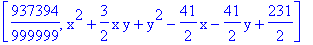 [937394/999999, x^2+3/2*x*y+y^2-41/2*x-41/2*y+231/2]